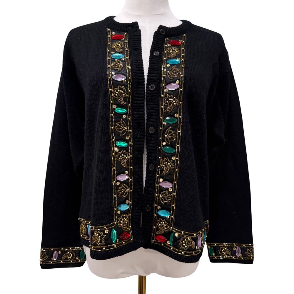 Vintage Black Jeweled Beaded Rhinestone Cardigan Sweater Women Large Holiday